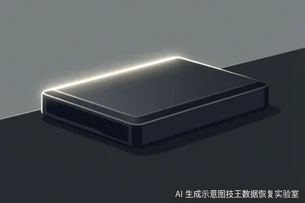 A black rectangular storage device with a glowing top edge on a dark surface.