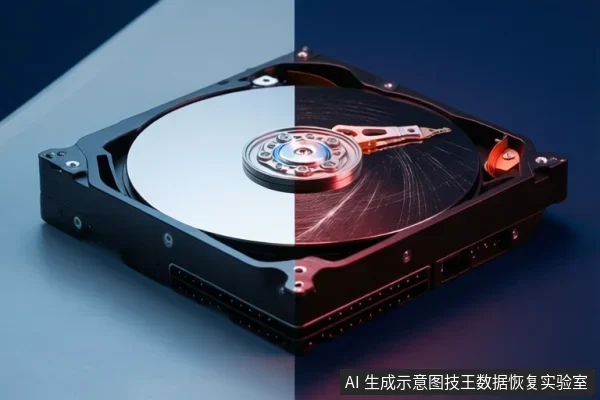 一张机械硬盘内部结构的示意图,展示了裸露的盘片、磁头臂和中心主轴。画面被垂直分割为左右两半,左侧为冷色调,右侧为暖色调,形成对比效果。