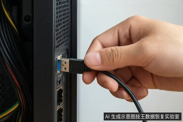 一只手正将一根USB数据线插入电脑机箱背部的蓝色USB接口,旁边可见多个网络接口和机箱散热孔。