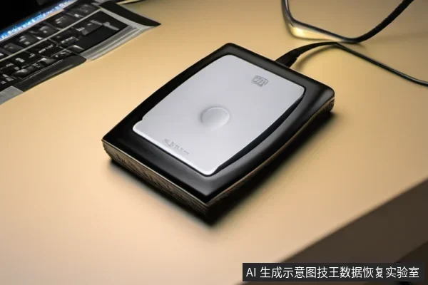 桌面上一台外置移动硬盘平放,通过USB线连接旁边的笔记本电脑,硬盘处于通电连接状态。