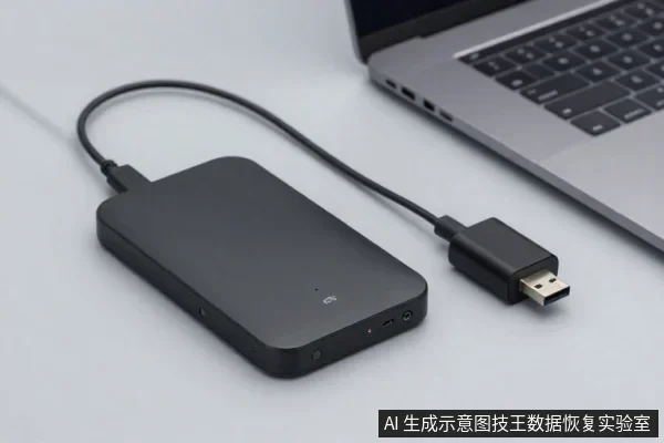 黑色移动硬盘平放桌面，数据线一端连硬盘，另一端为USB插头，旁边是笔记本电脑。