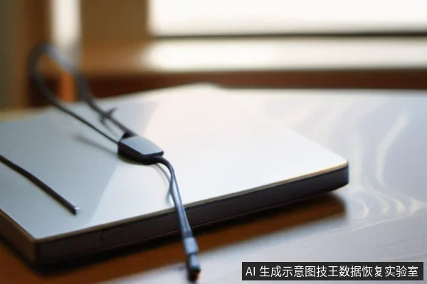 桌面上放置着一个银色移动硬盘,上面放着一根黑色的数据线。