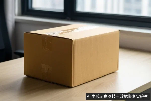 浅色木桌上放着一个用透明胶带封口的棕色瓦楞纸箱,背景是窗台和窗户。