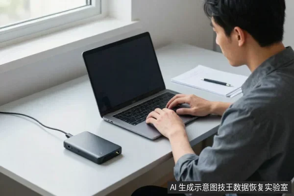 一名亚洲男性坐在桌前使用笔记本电脑,左手操作鼠标,桌面左侧放着一块黑色外置硬盘,通过线缆连接电脑,旁边有纸笔。