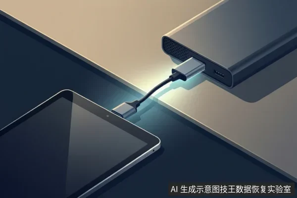 示意图中，一根USB数据线连接着平板电脑和一个移动硬盘，接口处有发光效果。