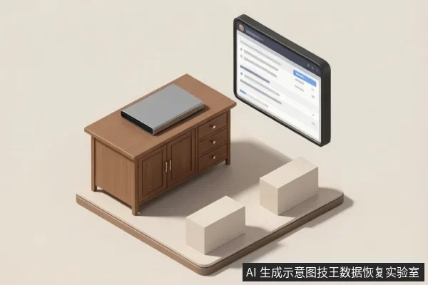 木柜上放置移动硬盘，旁边悬浮显示系统界面的屏幕