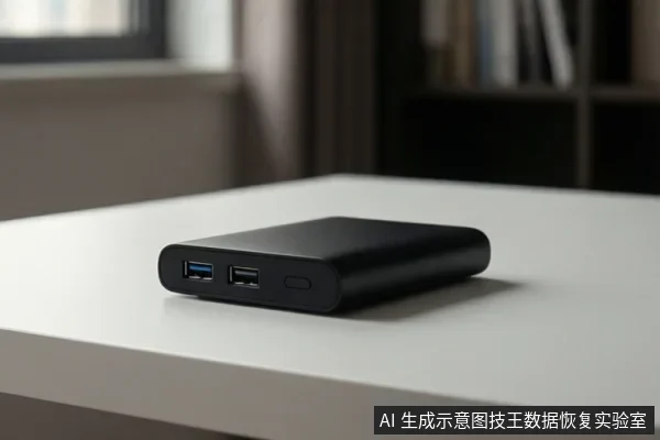 白色桌面上放置一个黑色移动硬盘,前端可见两个USB接口和一个椭圆形按钮,背景为虚化的室内书架与窗户。