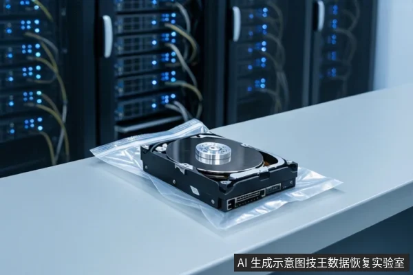 白色台面上放置一块打开顶盖的机械硬盘,可见盘片与磁头组件,硬盘置于透明防静电袋中,背景为带蓝色指示灯的服务器机柜。