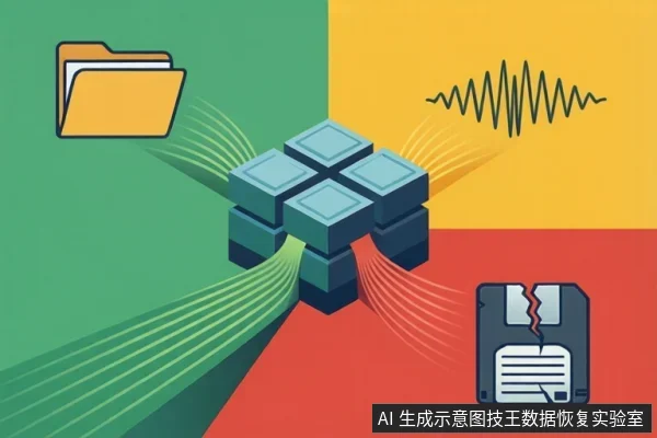 画面中央为蓝绿色立方体阵列,左侧连接黄色文件夹图标,右侧连接黄色波形线与红色裂纹软盘图标,背景为绿、黄、红三色拼接。