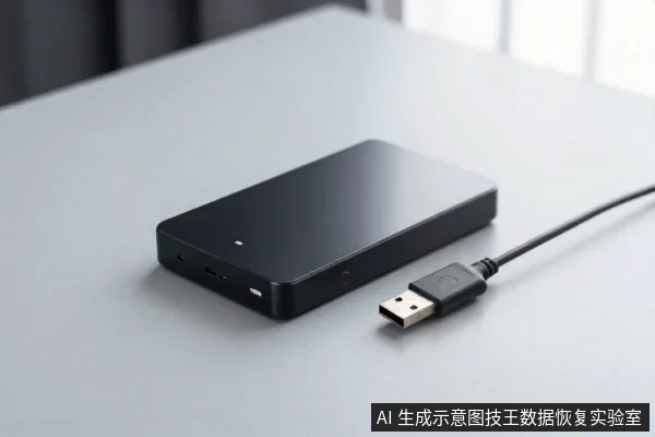 灰色桌面上放着一个黑色长方形外置硬盘盒，旁边一根USB数据线，插头未连接设备。