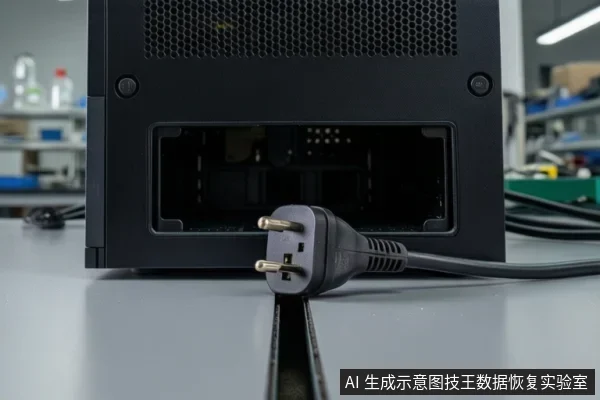 灰色桌面上黑色塔式主机背面,电源接口前方放着一个未插入的三脚电源插头,插头与接口间留有空隙,背景为实验室工作台。