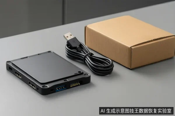 灰色桌面上放一个黑色外置硬盘盒,侧面可见USB与SATA接口,旁边盘绕一根未连接的USB数据线,右侧放一个牛皮纸快递盒。
