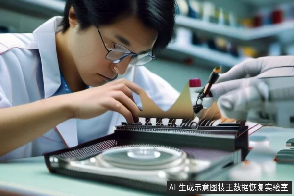 实验室中一名穿白大褂、戴手套的技术人员正用工具操作一块开盖的机械硬盘，盘片与内部组件清晰可见。