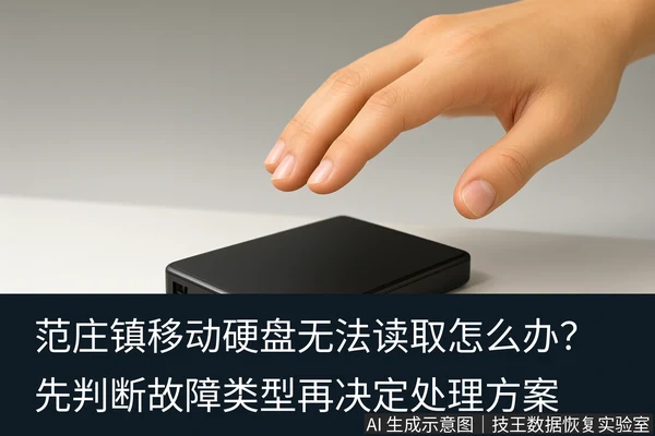 文章内容场景示意图:范庄镇移动硬盘无法读取怎么办?先判断故障类型再决定处理方案