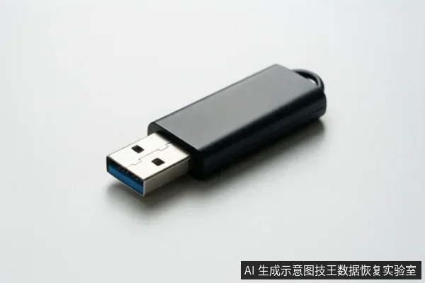 白色背景上斜放一个黑色U盘,USB接口伸出,接口内部可见蓝色塑料片,主体完整且无文字。