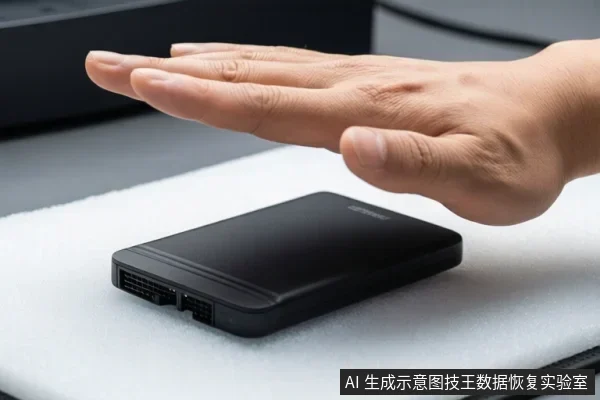 白色泡沫垫上放着一块黑色移动硬盘,一只手悬停在设备上方,手掌朝下,未接触硬盘。