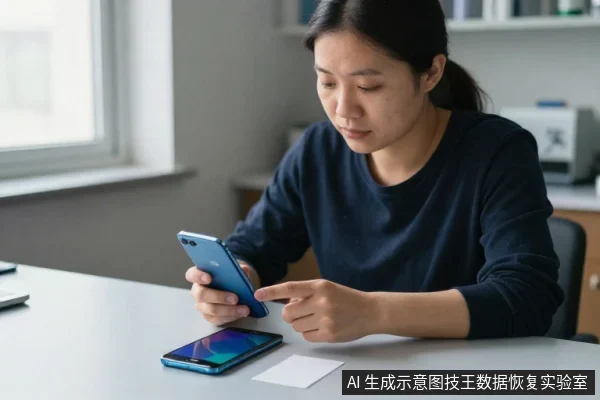 一名亚洲女性坐在桌前,手持蓝色手机操作,桌上平放另一部手机和一张白纸。