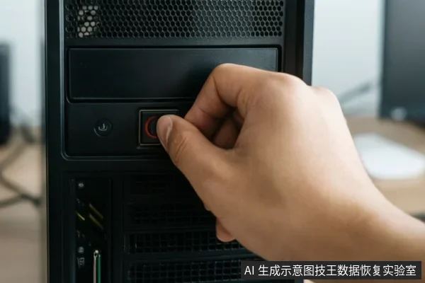 一只手正在按下台式电脑机箱前面板上的电源按钮,旁边可见电源指示灯图标。