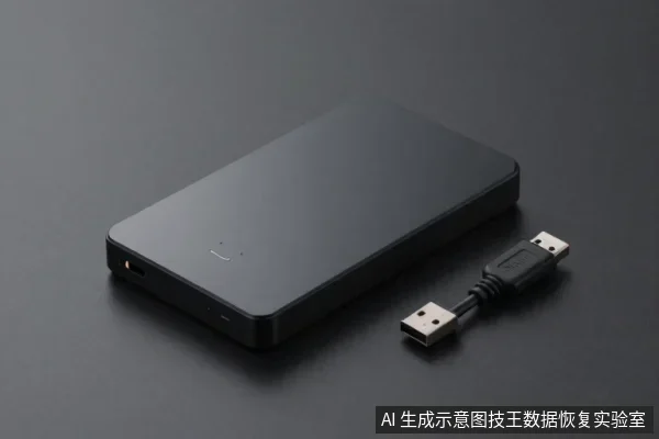 黑色长方形外置硬盘盒平放于深色桌面,旁边放着一根黑色USB数据线,线两端为USB-A和Mini-USB接口。