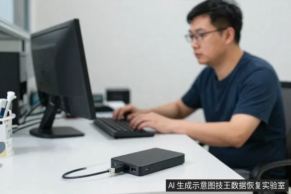 一名戴眼镜的男子坐在白色办公桌前操作键盘,桌面上放着一台显示器和一个通过线缆连接的外置硬盘盒。