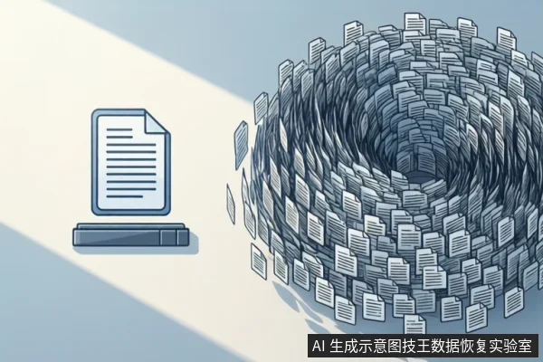 左侧为一个文件图标，右侧为一个由大量文件图标组成的漩涡状结构，文件正被吸入漩涡中心。