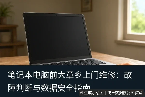 文章内容场景示意图：笔记本电脑前大章乡上门维修：故障判断与数据安全指南