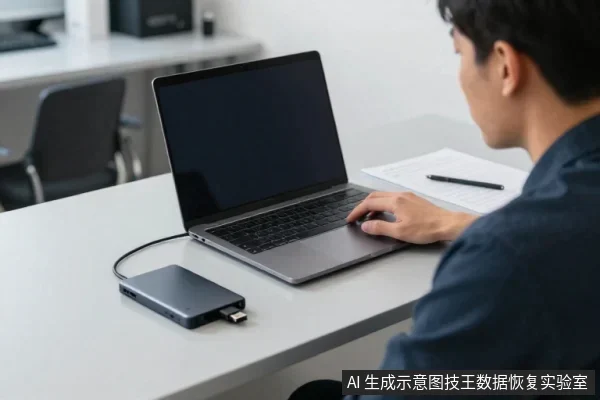 一名男子坐在办公桌前,面前放着一台屏幕全黑的笔记本电脑,他右手放在键盘上,桌面上连着一个带USB接口的移动硬盘盒,旁边有纸和笔。