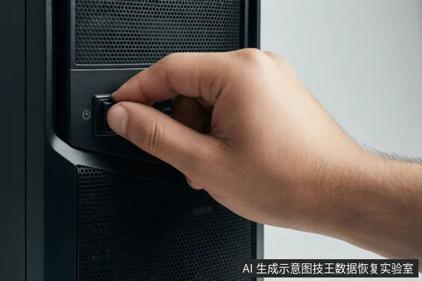 一只手正在按压黑色机箱前面板上的电源按钮,旁边有电源指示灯图标,机箱表面有网状散热孔。