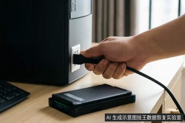 一只手正将电源线插头插入电脑主机背面的插座,桌面上放着一块裸露的固态硬盘。