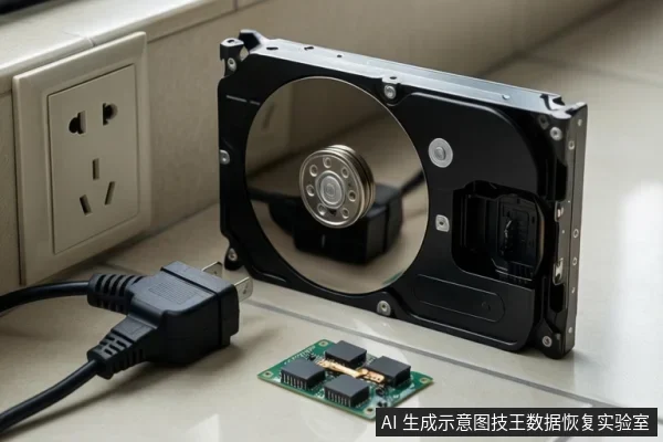 开盖机械硬盘立在瓷砖台面上,旁边放着一块电路板,一根电源线插头未插入墙上的插座。