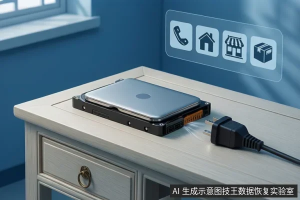 浅色木桌上放一块银色顶盖机械硬盘,右侧桌面搁着一个未连接的USB插头,背景蓝墙上有电话、房屋、店铺、包裹四个半透明图标。