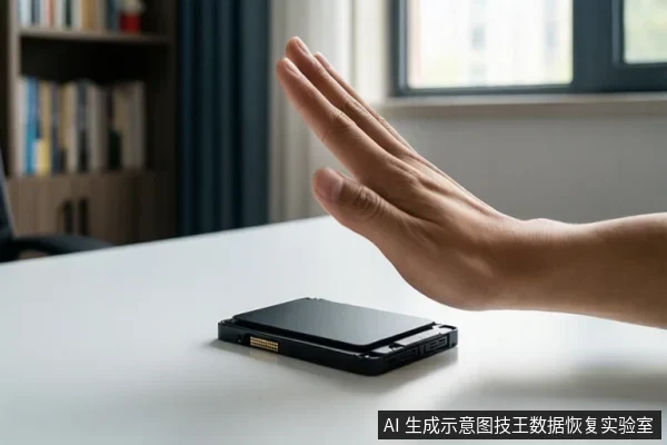 白色桌面上放置一块黑色固态硬盘，右侧一只手掌悬停在盘体上方，背景为书架和窗户。