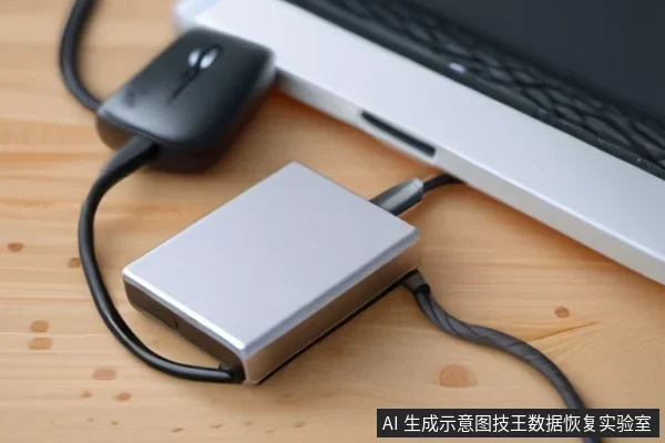 银色移动硬盘通过USB线连接笔记本电脑侧面接口,旁边放着黑色鼠标,置于木桌上