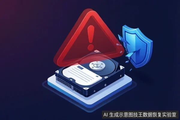 深色背景中,一块机械硬盘位于中央,上方悬浮着红色警告三角,右侧有一个破碎的蓝色盾牌。