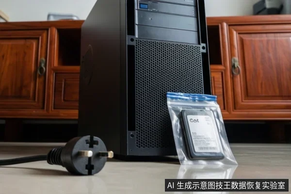 桌面上黑色台式机旁，透明防静电袋内装一块SSD，前方地面放着一个未插入的三脚电源插头，示意停止通电与介质保护。