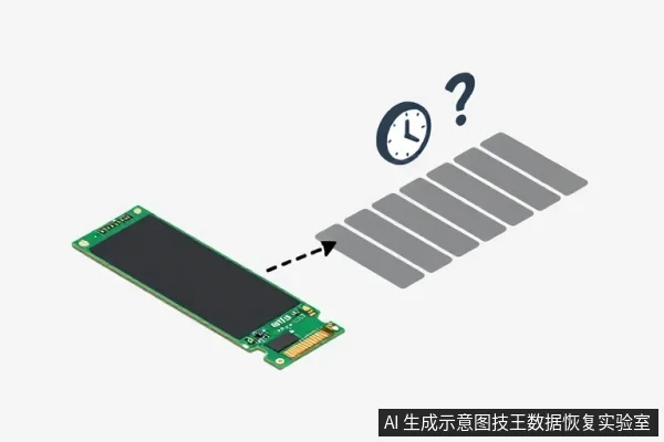 一块M.2固态硬盘旁有虚线箭头指向一排灰色矩形块，上方有钟表图标和问号。