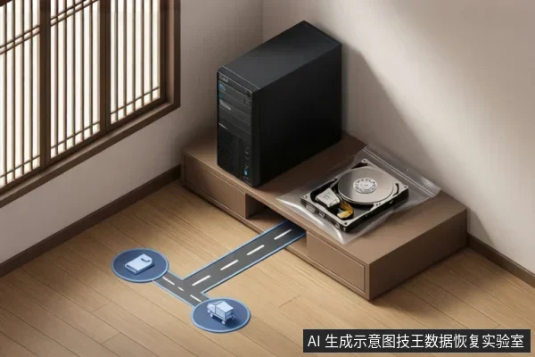 房间矮柜上放黑色台式主机与袋装开盖机械硬盘，地面蓝色道路图标连接手机与货车，示意寄修物流。