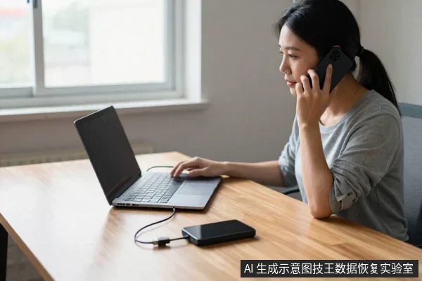 一名亚洲女性坐在木桌前，左手持手机通话，右手放在笔记本电脑键盘上，桌上放着一块黑色移动电源，通过线缆与电脑相连。