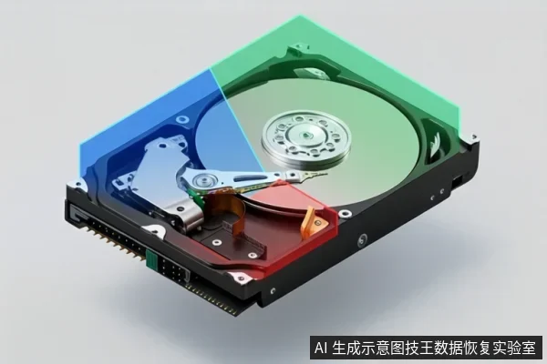 一块打开顶盖的机械硬盘,可见盘片、主轴电机、磁头臂和接口,表面覆盖蓝绿红三色半透明色块。