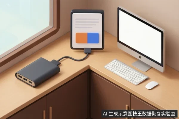 窗边木桌上,深灰色移动硬盘盒经线缆连接至悬浮的存储状态示意屏,屏上为橙蓝两色块与占位线条,右侧为空白屏幕的台式电脑及键鼠