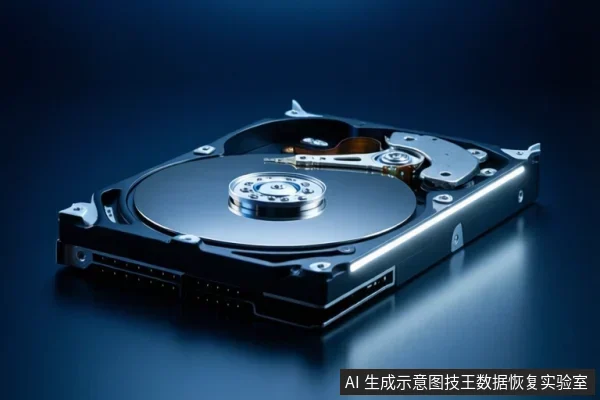 蓝色背景上展示一个打开外壳的机械硬盘，可见金属盘片、中心主轴和读写磁头臂，设备静置在反光台面上。