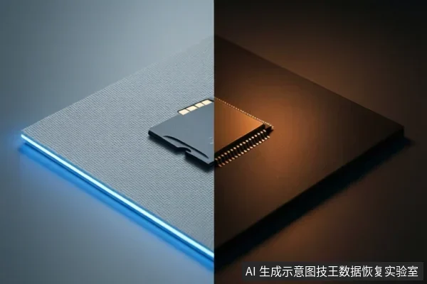 画面左右分屏：左侧为蓝色光效的灰色存储卡，右侧为暖色光效的黑色芯片模块，两者并排展示。