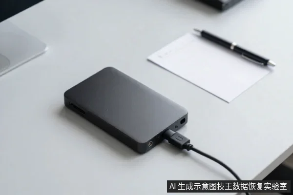 白色桌面上放着一个黑色移动硬盘,通过USB线连接,旁边有纸笔