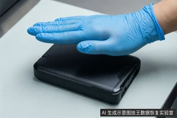 白色桌面上放置一个黑色移动硬盘盒,一只戴蓝色手套的手掌平放在硬盘盒上方,背景为模糊的窗户。
