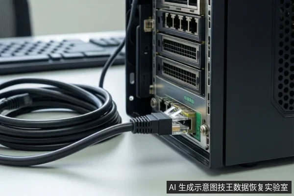 黑色机箱后部接口面板,一根黑色网线插入绿色RJ45网口,旁边有SATA接口和多个RJ45端口,左侧桌面放置键盘。