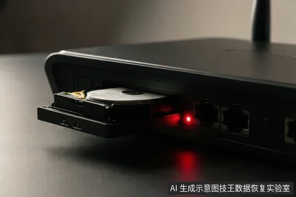 黑色路由器后部特写,一个硬盘托架被拉出,露出内部硬盘和接口,旁边有红色指示灯亮起。