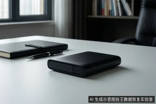 白色桌面上放置一个黑色移动硬盘盒、一支笔和一本黑色笔记本,背景为办公室书架与窗户。