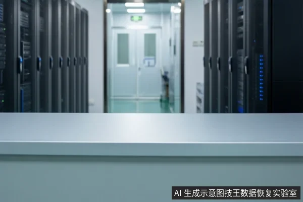数据中心机房走廊，两侧排列着多台黑色服务器机柜，机柜上有蓝色指示灯，远处是白色双开门。