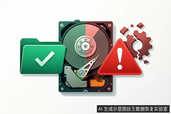 白色背景上展示一块机械硬盘,左侧有带对勾的绿色文件夹,右侧有红色警告三角和破碎齿轮,示意硬盘故障与数据状态。