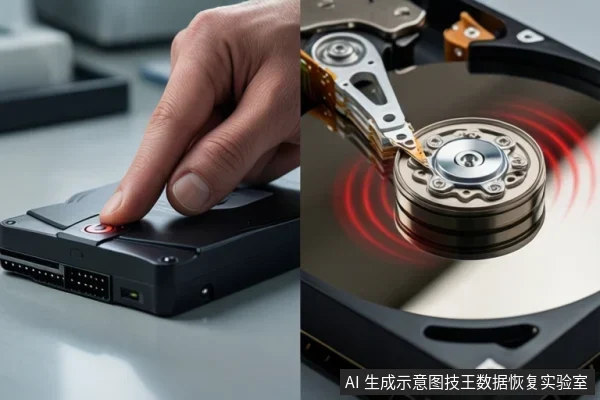 左侧手指按压移动硬盘上的红色按钮，右侧展示机械硬盘内部盘片与磁头，盘片周围有红色波纹示意。